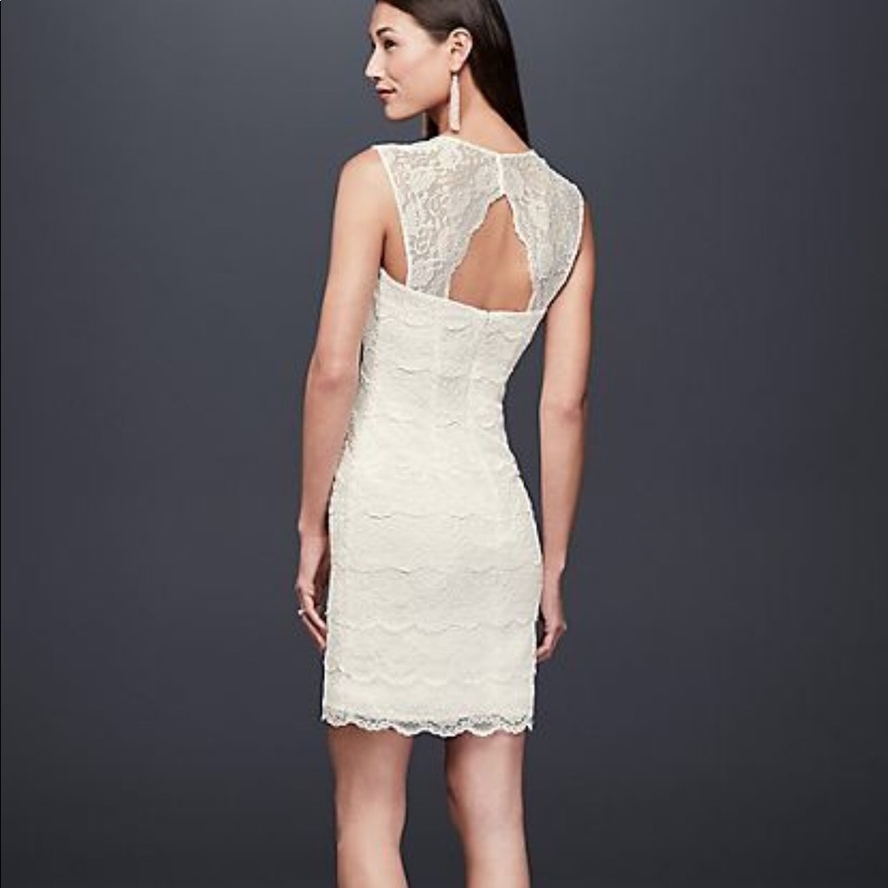 Layered lace short dress with keyhole back.